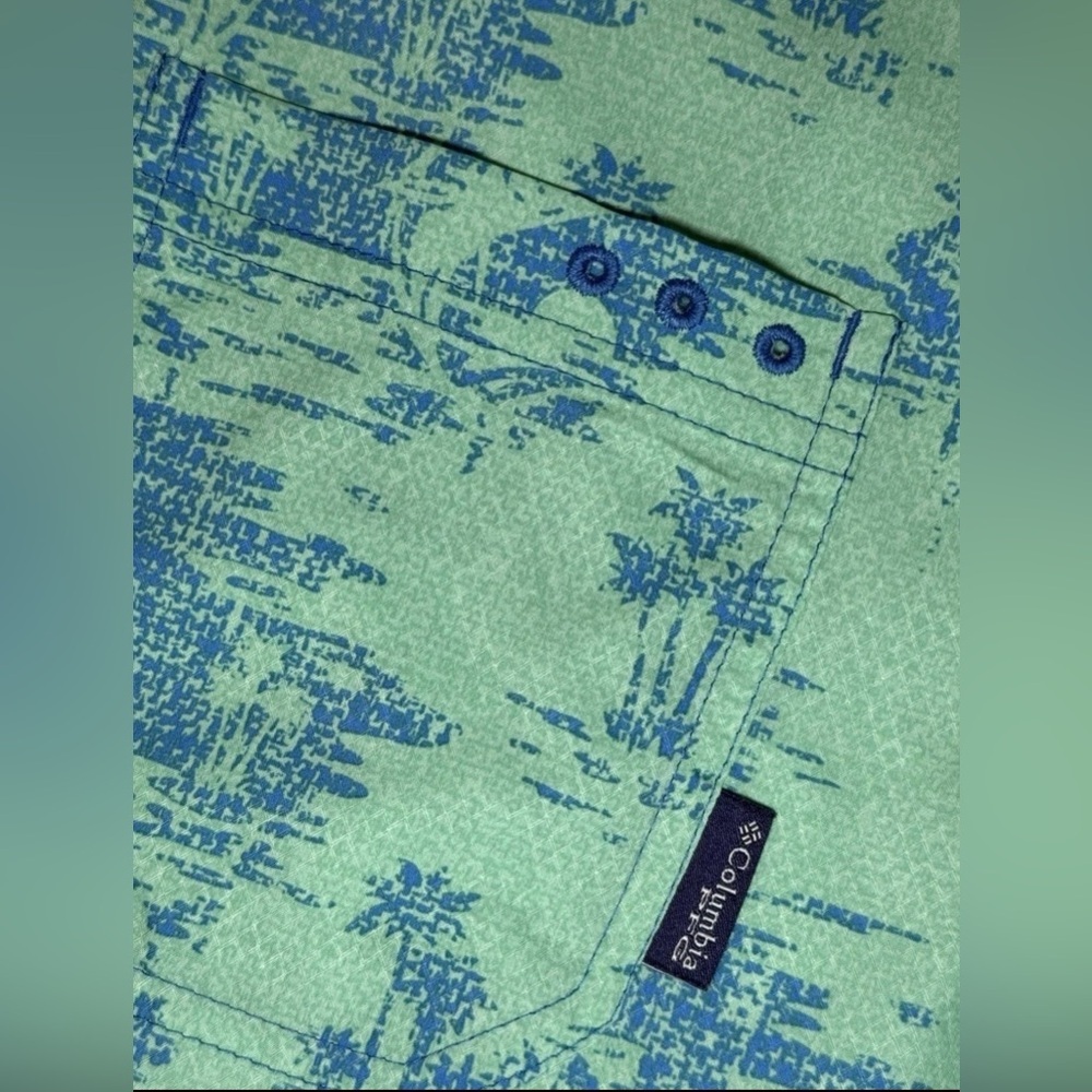 Hawaiian Columbia PFG Men's Palm Tree Fish Shirt Sz M Turquoise Blue Vented - Picture 5 of 9